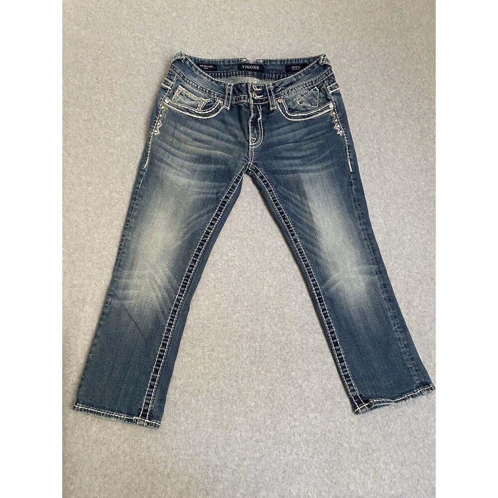 Vigoss Jeans Capri Bling Women's 27 Denim Blue New York Capri Y2K Pants Gems - Picture 10 of 16